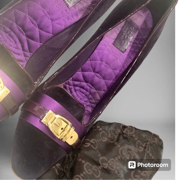 GUCCI Purple Velvet Heels with Gold Buckle Size 10 - Picture 10 of 11